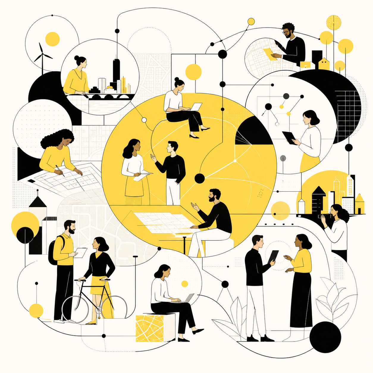 Illustration of many kinds of urbanist connecting in one community